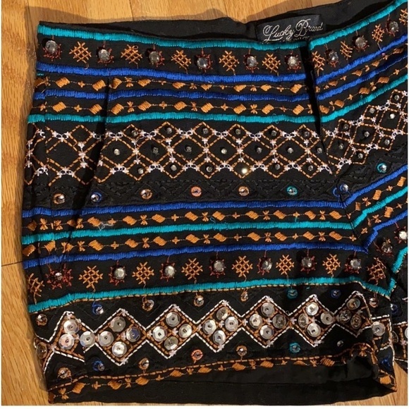 Lucky Brand Gypsy Sequin Embroidered Boho Festival Shorts Black Zip Front Size S - Picture 8 of 11